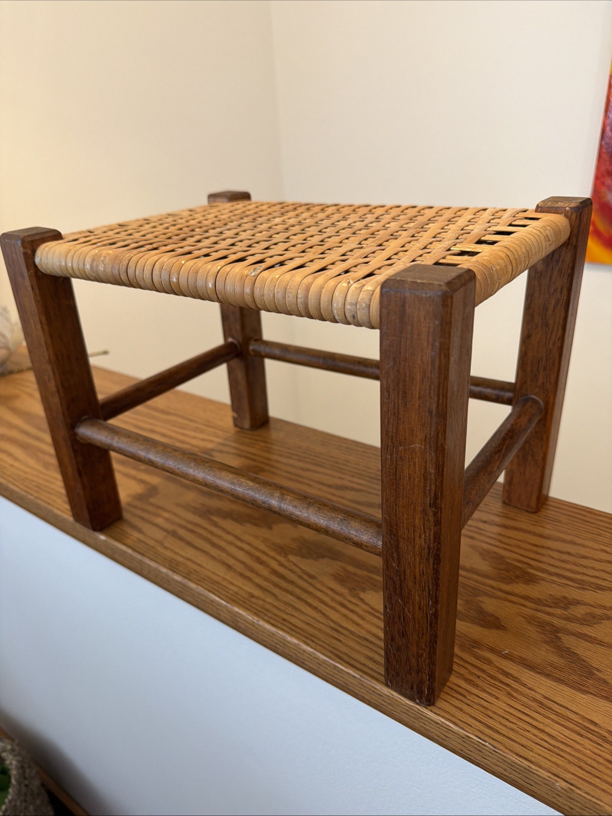 VTG 70's Flat Reed Woven Birchwwod Frame Footstool Plant Stand 12"L X 9"W X 9"H gallery