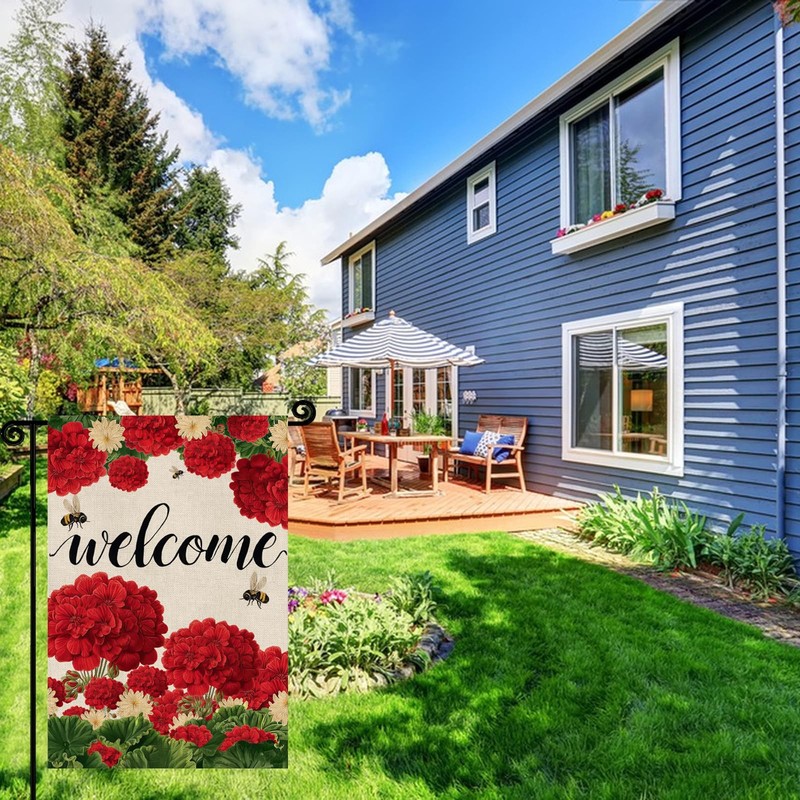 Spring Summer Geranium Welcome Garden Flag 12x18 Inch Red Outdoor Yard Decor gallery