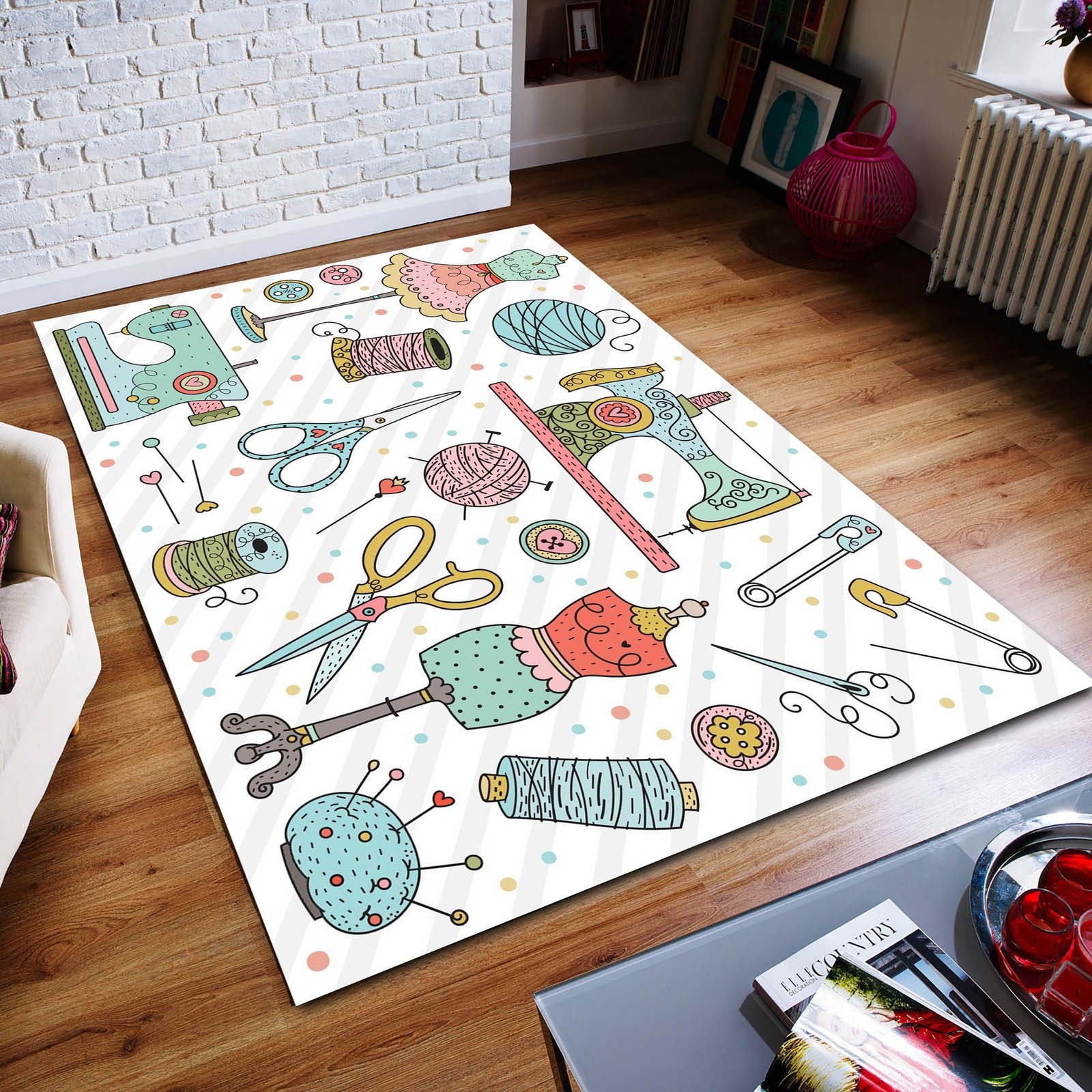 Tailor Themed Area Rug, Sewing Machine & Scissors Design, Modern Non-Slip Decor gallery