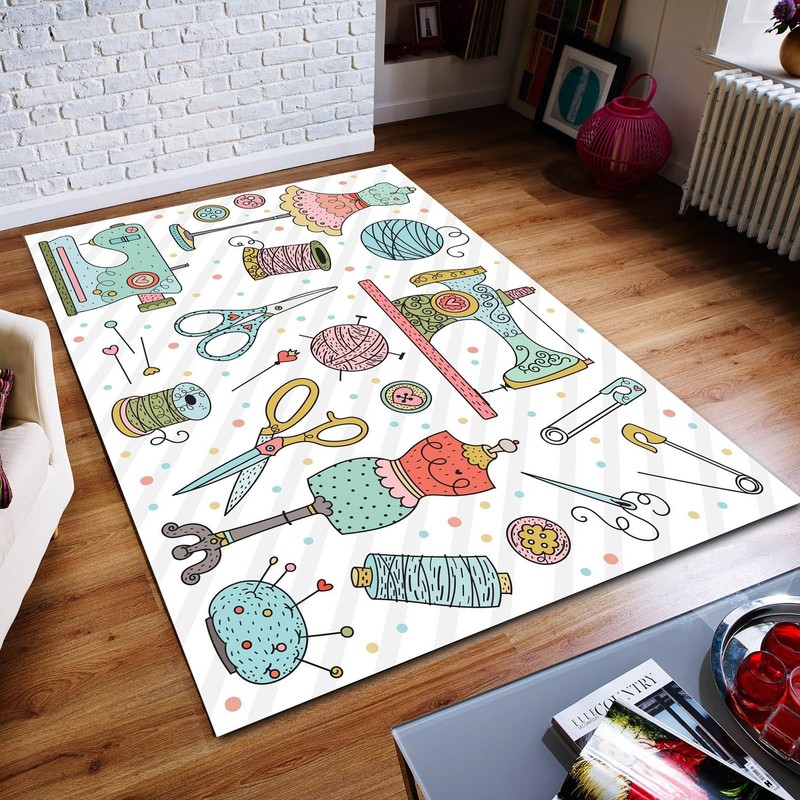 Tailor Themed Area Rug, Sewing Machine & Scissors Design, Modern Non-Slip Decor gallery
