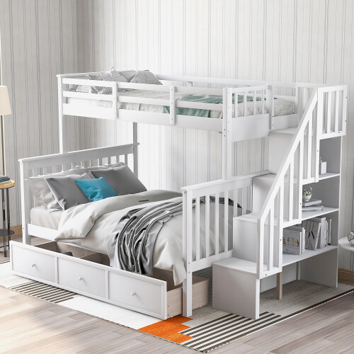Twin Over Full Bunk Beds with Storage Drawers & Stairs Wood Platform Bed Frames gallery