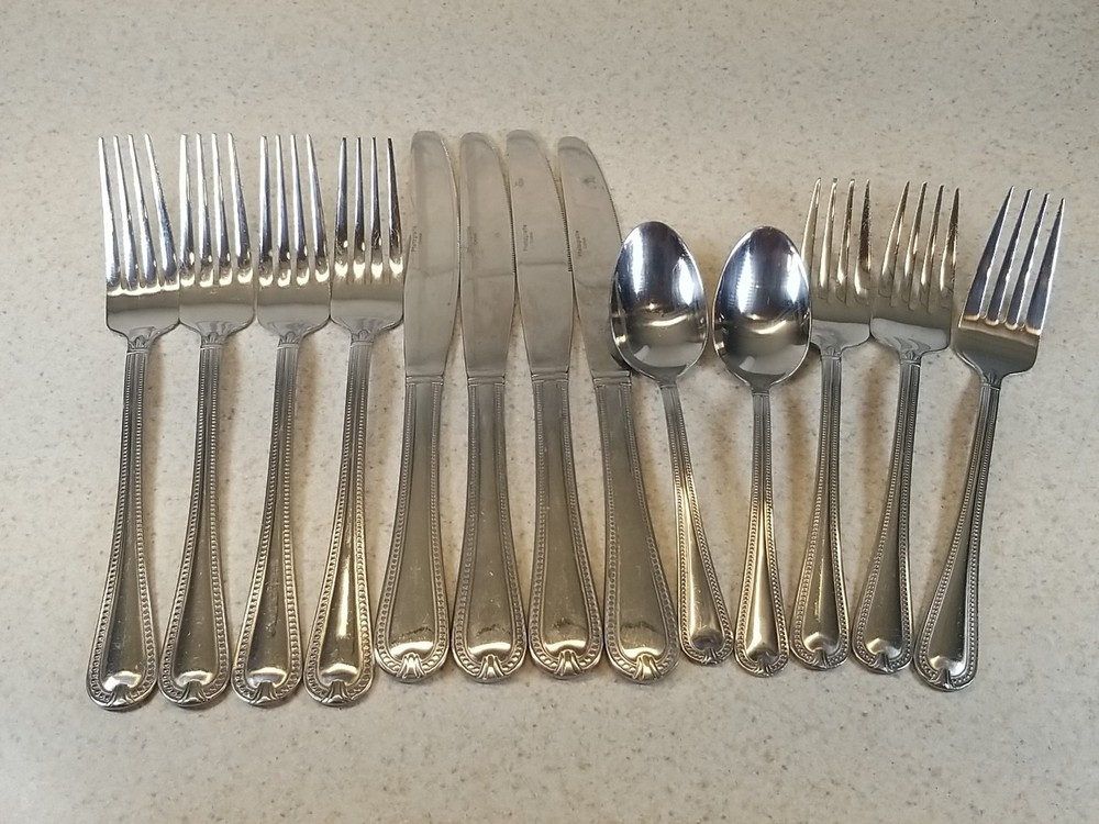 Pfaltzgraff PFF95 Stainless Flatware Beaded Edge Plume China 13 Misc. Pieces