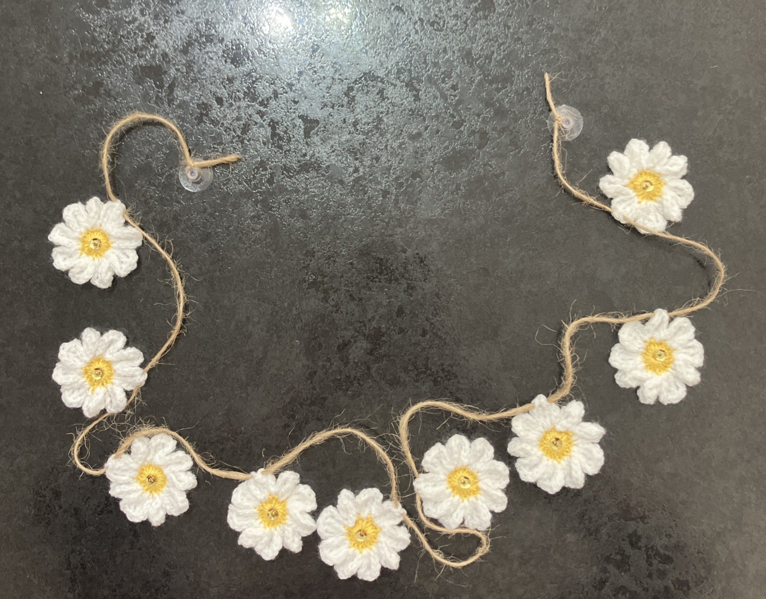 🌼 NEW Hand Crochet daisy Jute Rustic Bunting sequin camper Gift gallery