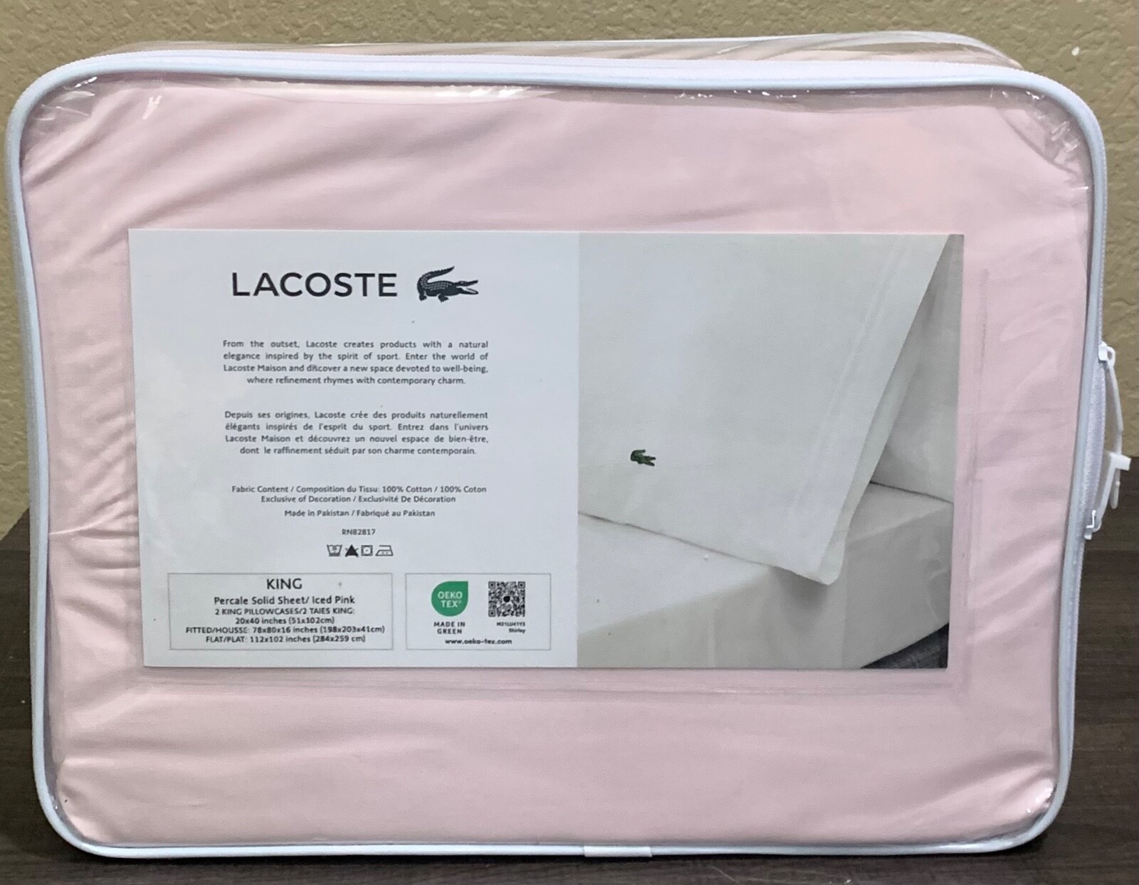 LACOSTE 100% Cotton Percale 4-piece KING Sheet Set Iced Pink NIP gallery