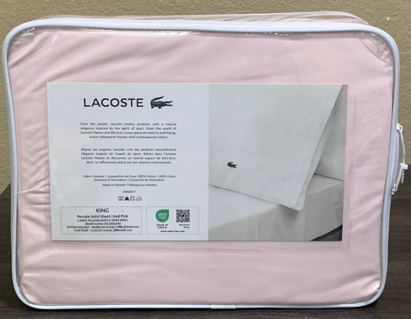 LACOSTE 100% Cotton Percale 4-piece KING Sheet Set Iced Pink NIP gallery