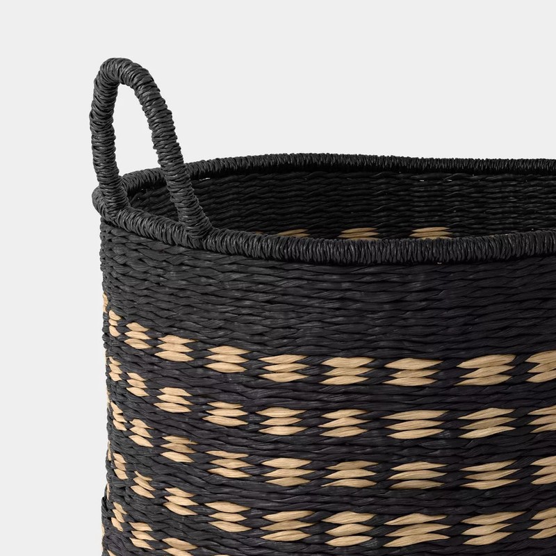 16" Pattern Woven Decorative Basket with Curved Handle Black/Natural - Threshold gallery