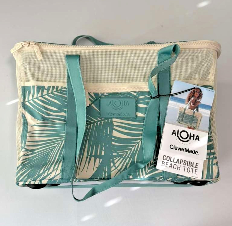 ALOHA Collection x CleverMade Collapsible Beach Tote Bag - Teal Palm Print - NEW gallery