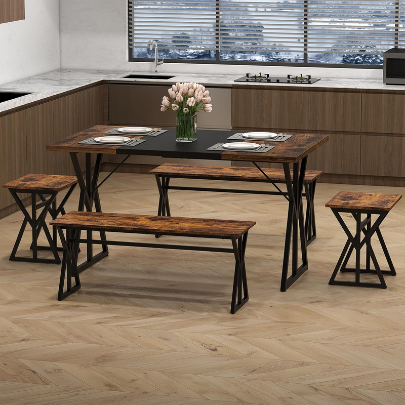 Space-Saving 5-Piece Dining Set for 4-6 with Benches and Stools, 55-Inch Table gallery