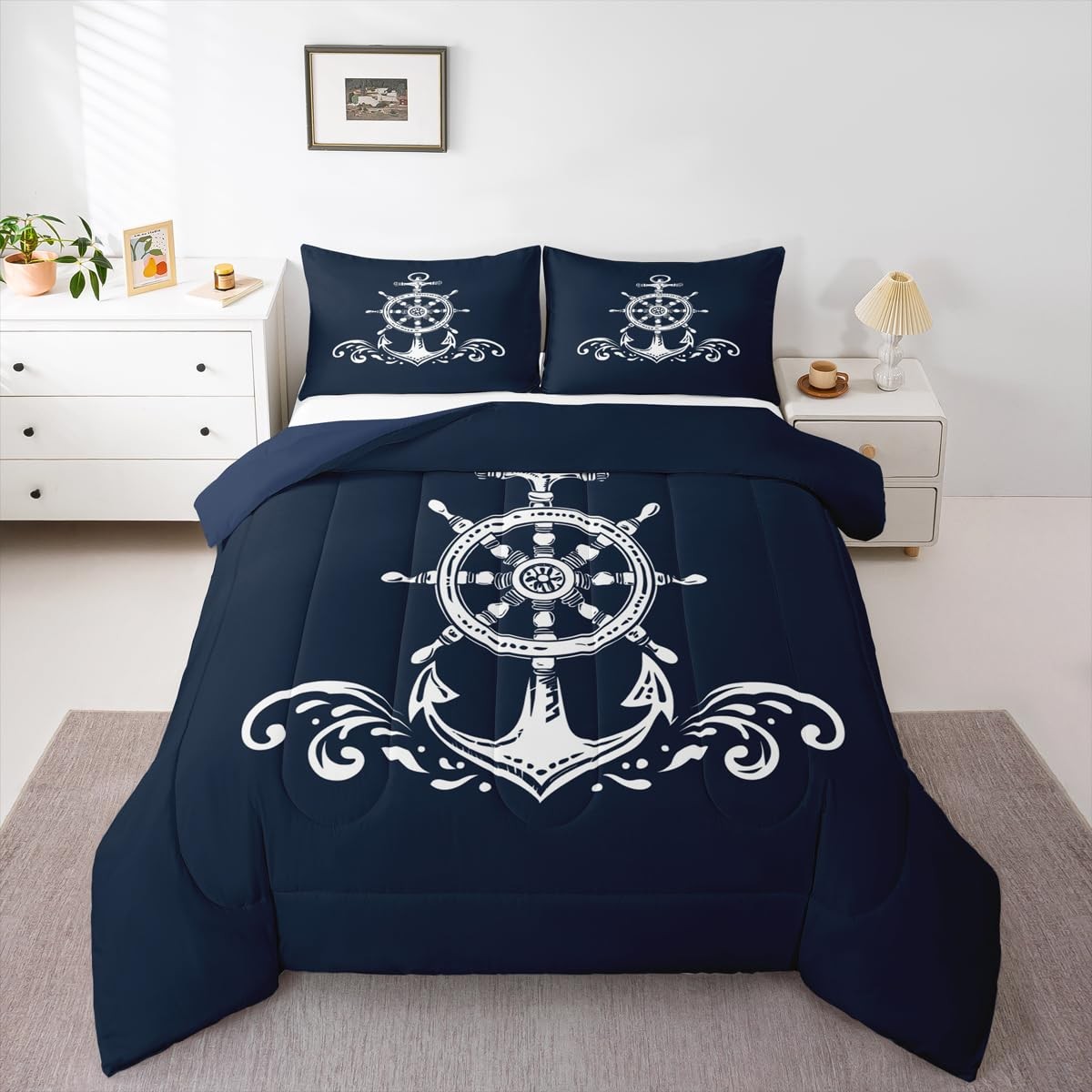 Erosebridal Nautical Anchor Bedding Set Ocean Sailboat Navy Blue Down Comforter gallery