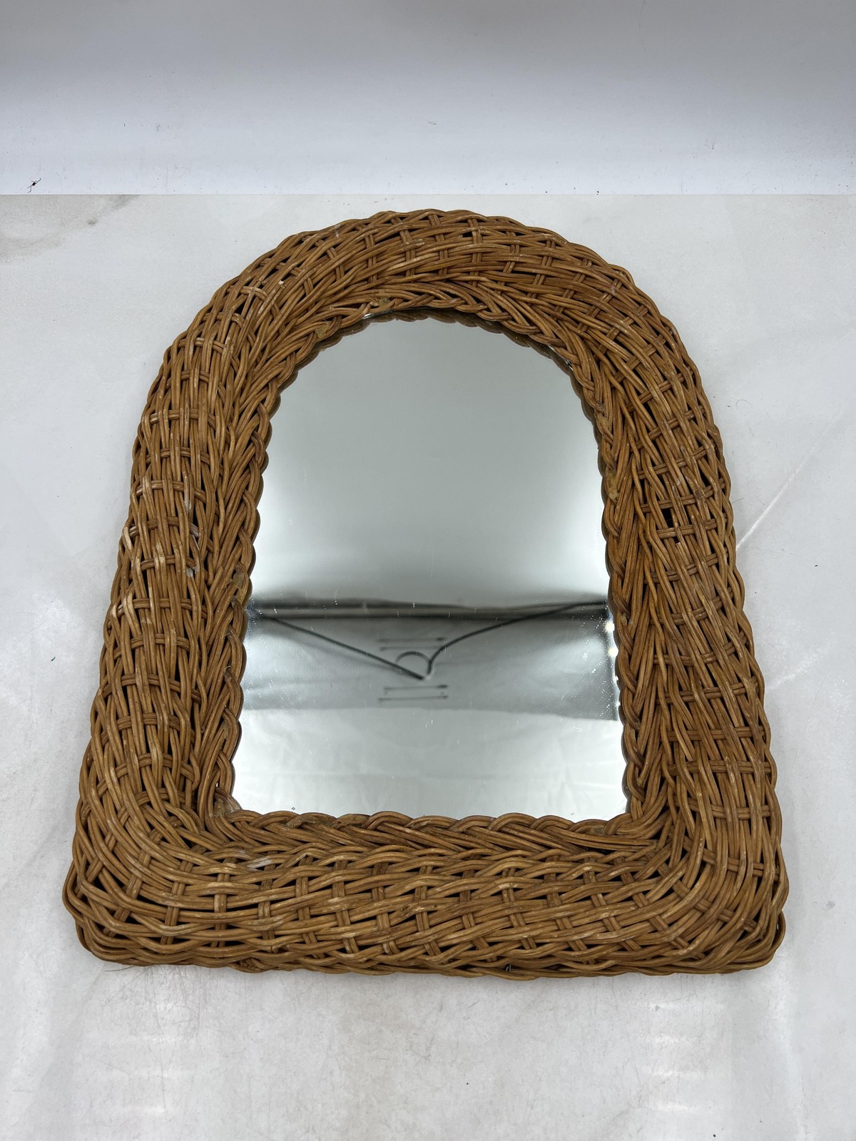 Vintage Wicker Rattan Mirror Arched Wall Hanging Boho Decor Natural 16x14in MCM gallery