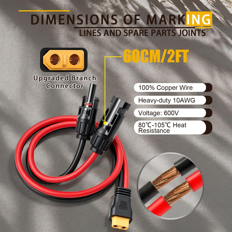 2FT Solar Panel Cable for Ecoflow 10AWG, Compatible with MC-4 to XT60 Plug Solar gallery