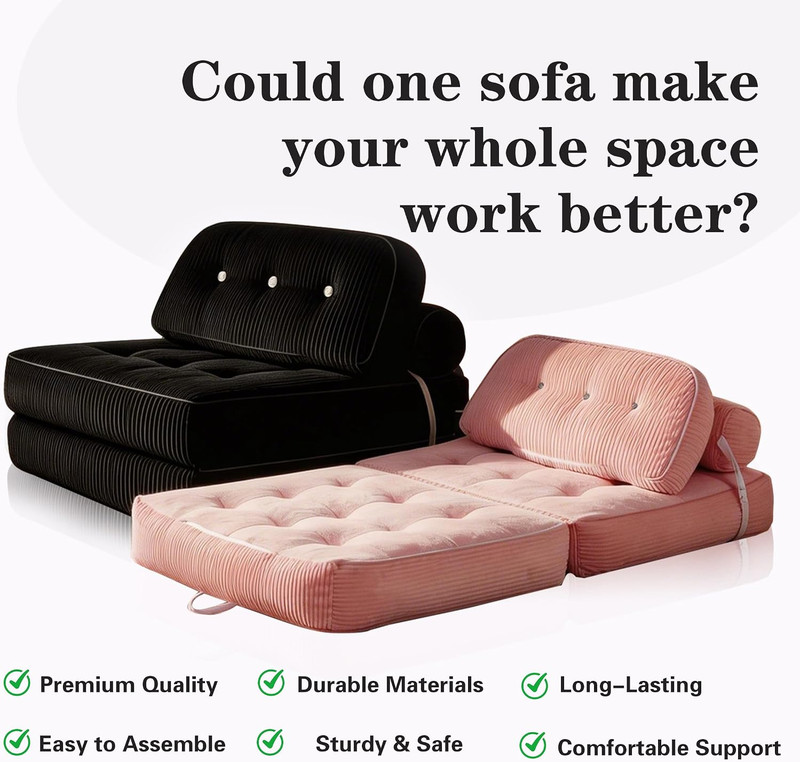 Folding Sofa Bed, Flannel Futon Couch Bed with Pillow and Blanket, Convertible gallery