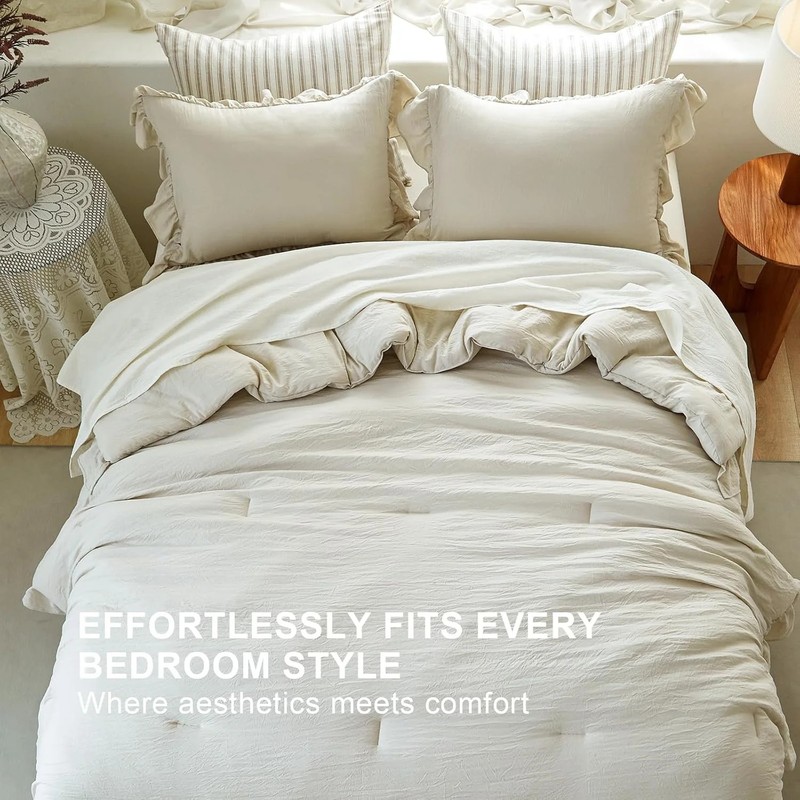 Beige Ruffle Comforter Set King, Pre-Washed Shabby Chic Bedding Set, Lightweight gallery