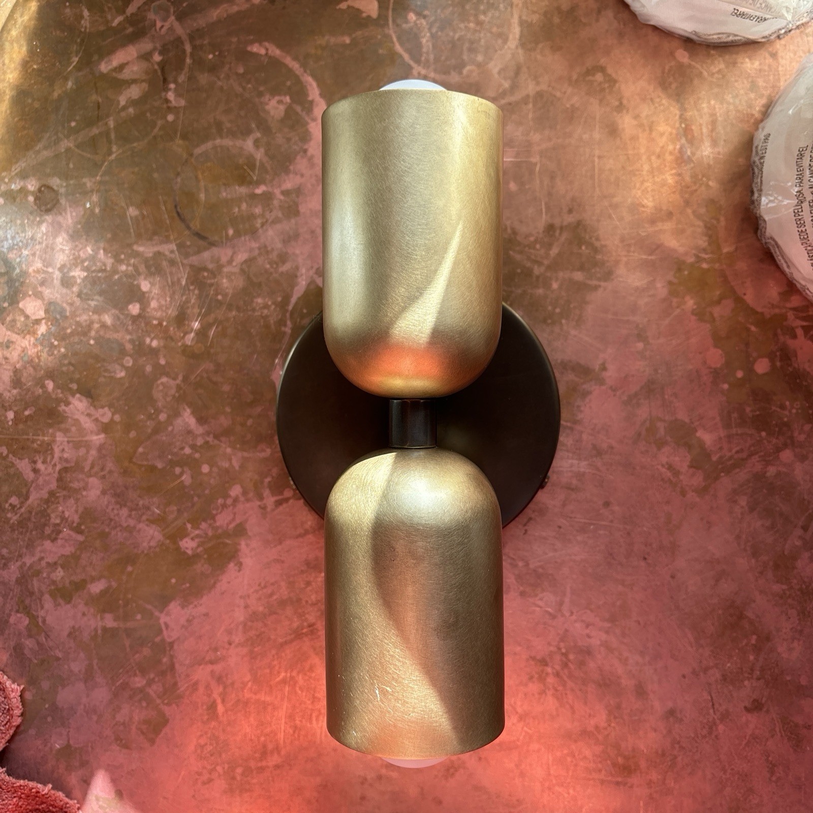 In Common With Brass Up Down Sconce Natural Shades, Patina Backplate NEW 2 Avail gallery