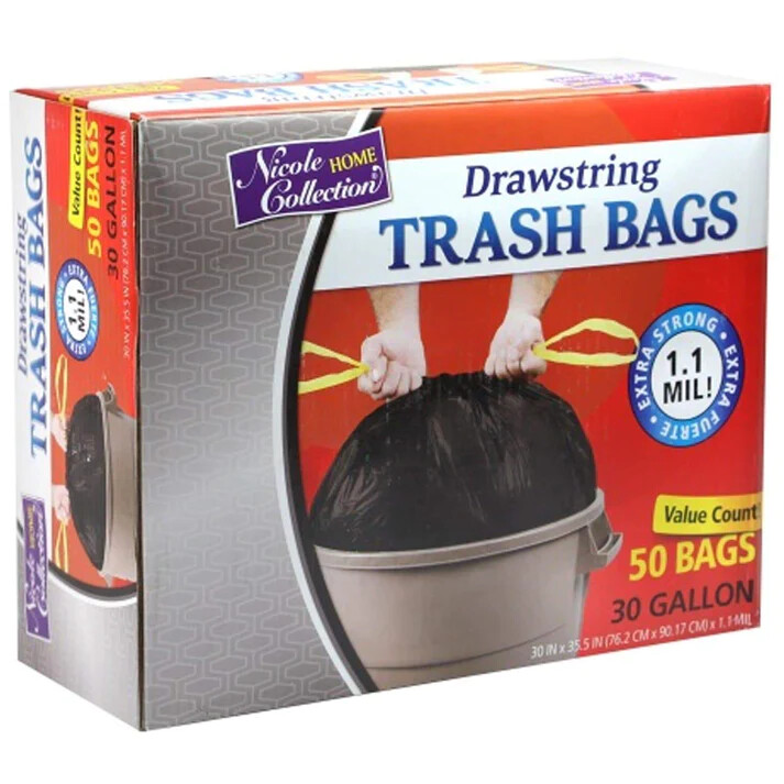 Nicole Home Collection, 30 Gallon, Drawstring Large Trash Bags, Black, 50 Count gallery
