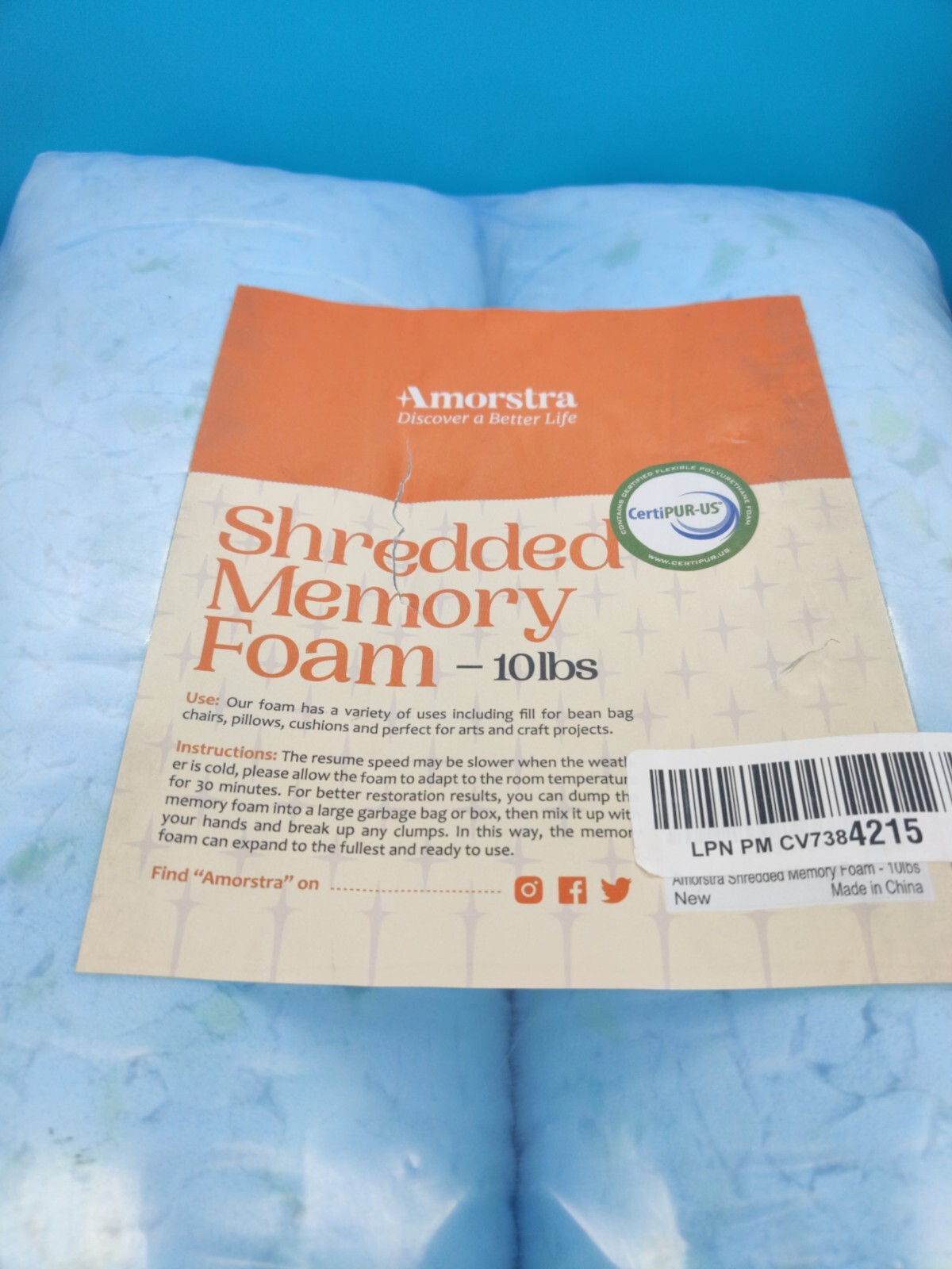 Amorstra Bean Bag Filler Shredded Memory Foam Filling 10 Pounds, 5lbs×2, Blue gallery