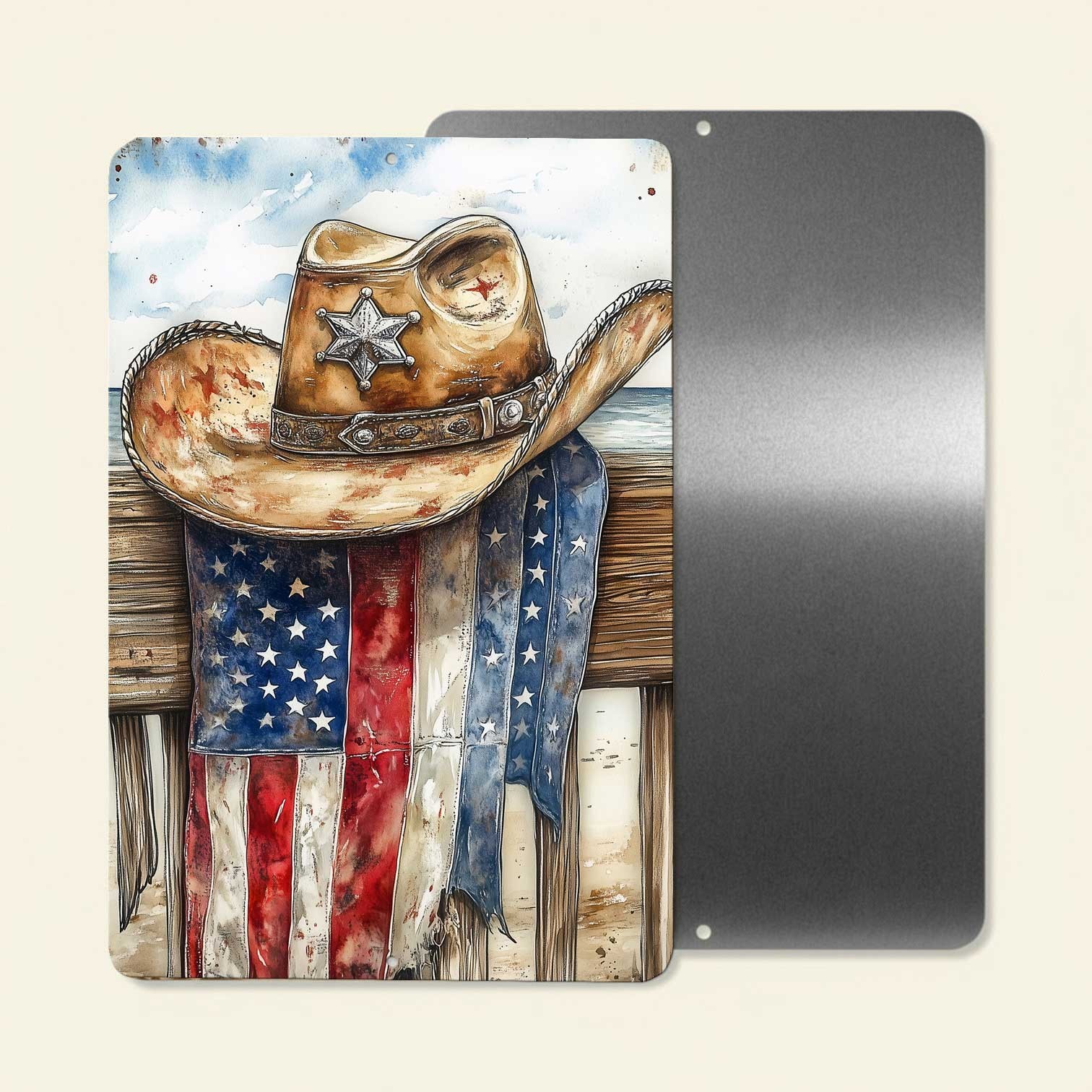 Cowboy Hat & American Flag Metal Sign 8x12 – Western Rustic Decor gallery