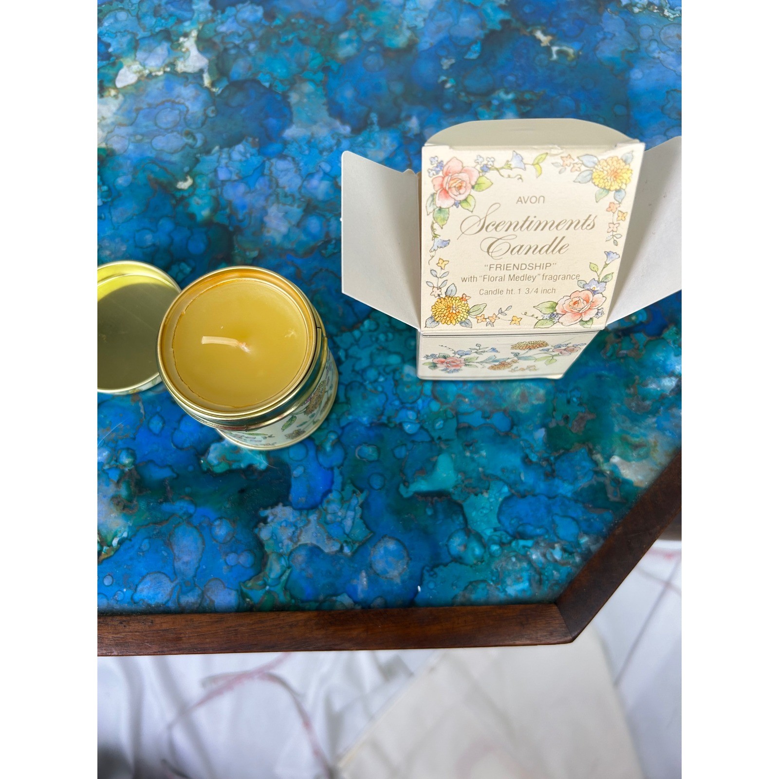 Vintage Avon Scentiments Friendship Candle Floral Medley Yellow Tin with Box gallery