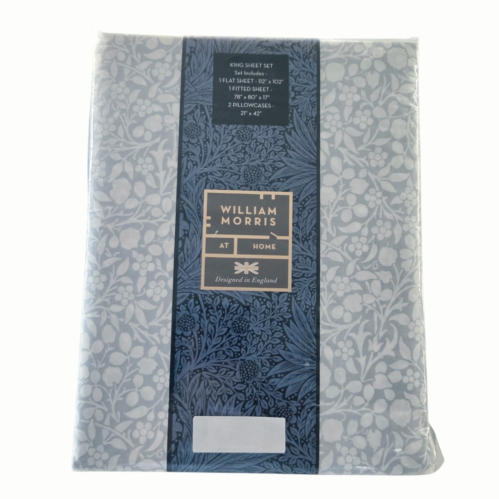 William Morris Cotton Percale Floral King Sheet Set of 4 Tonal Clover Soft Blue gallery