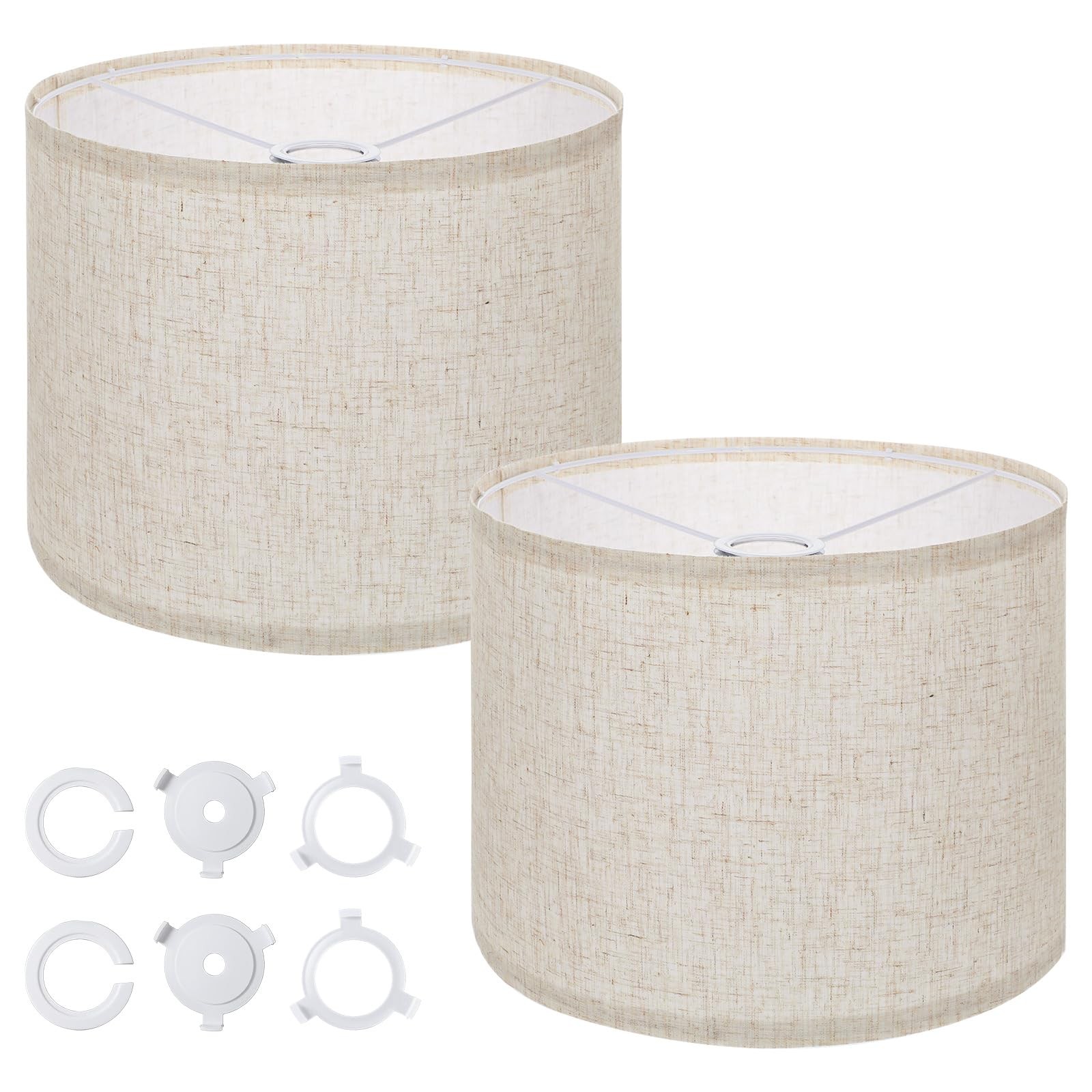 2 PCS 13x13x10 Inch Large Beige Linen Drum Lampshade Table Floor Spider Set gallery