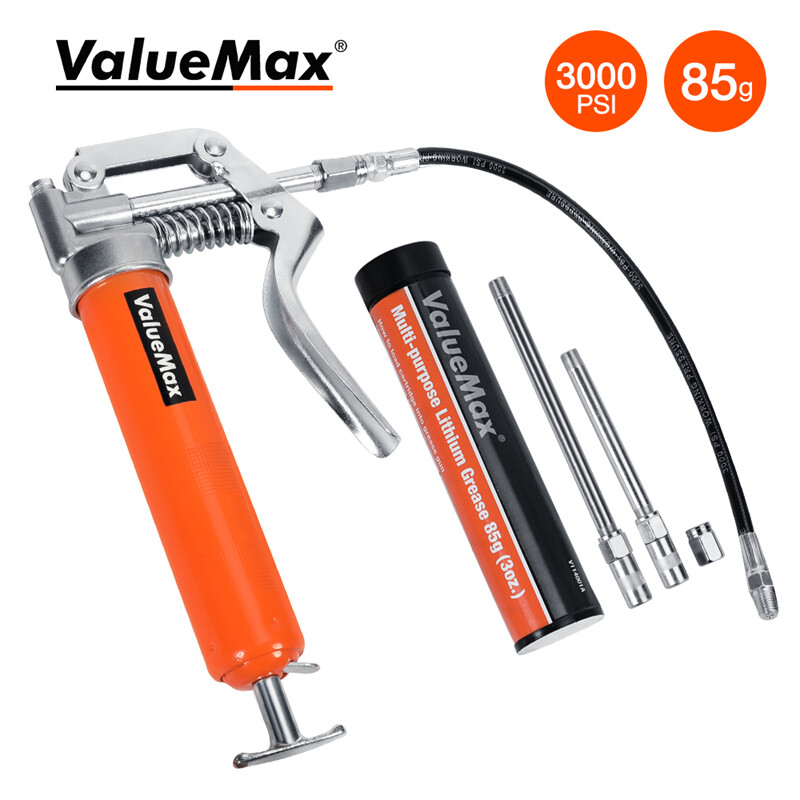 ValueMax Mini Grease Gun Kit 3OZ Grease 12'' Flexible Hose 5'' 3" Extension Tube gallery