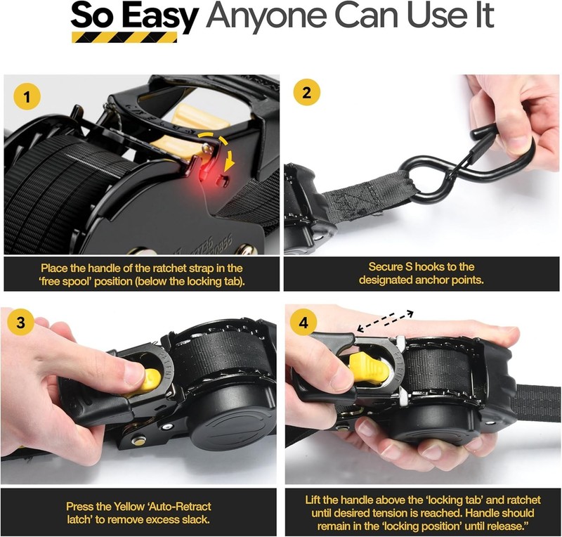 Auto Retractable Ratchet Straps 4pc, 1200lb, Alloy Steel, Polyester, Soft Loops gallery