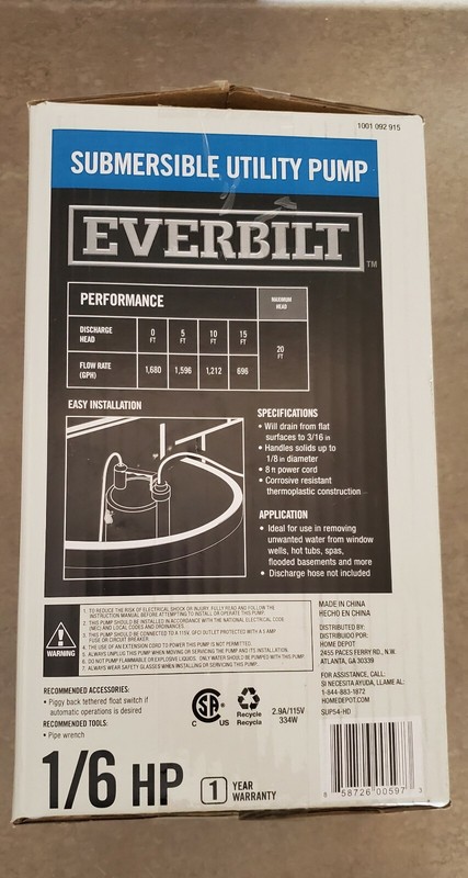 Everbilt Plastic Submersible Utility Sump Pump 1680 GPH SUP54-HD 1/6 HP gallery