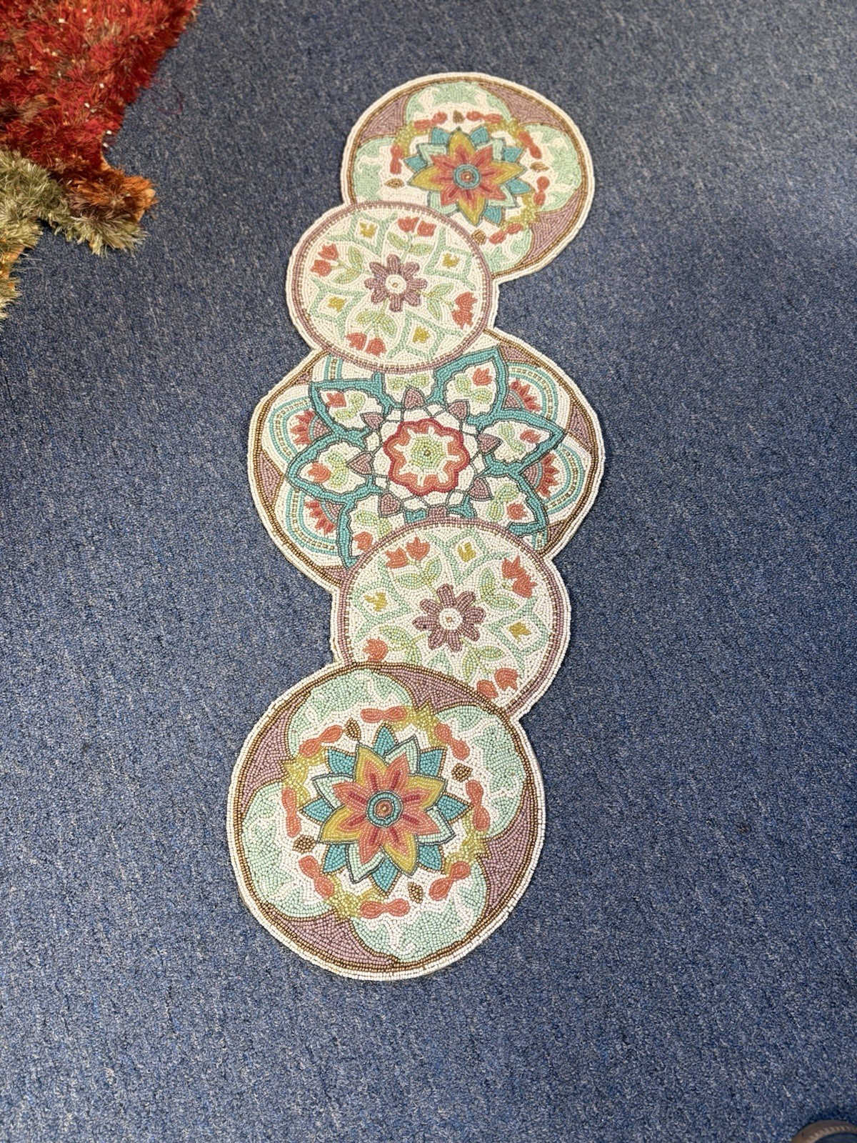 Pier 1 36” Beaded Table Runner W/ Pastel Floral Mandala Pattern gallery