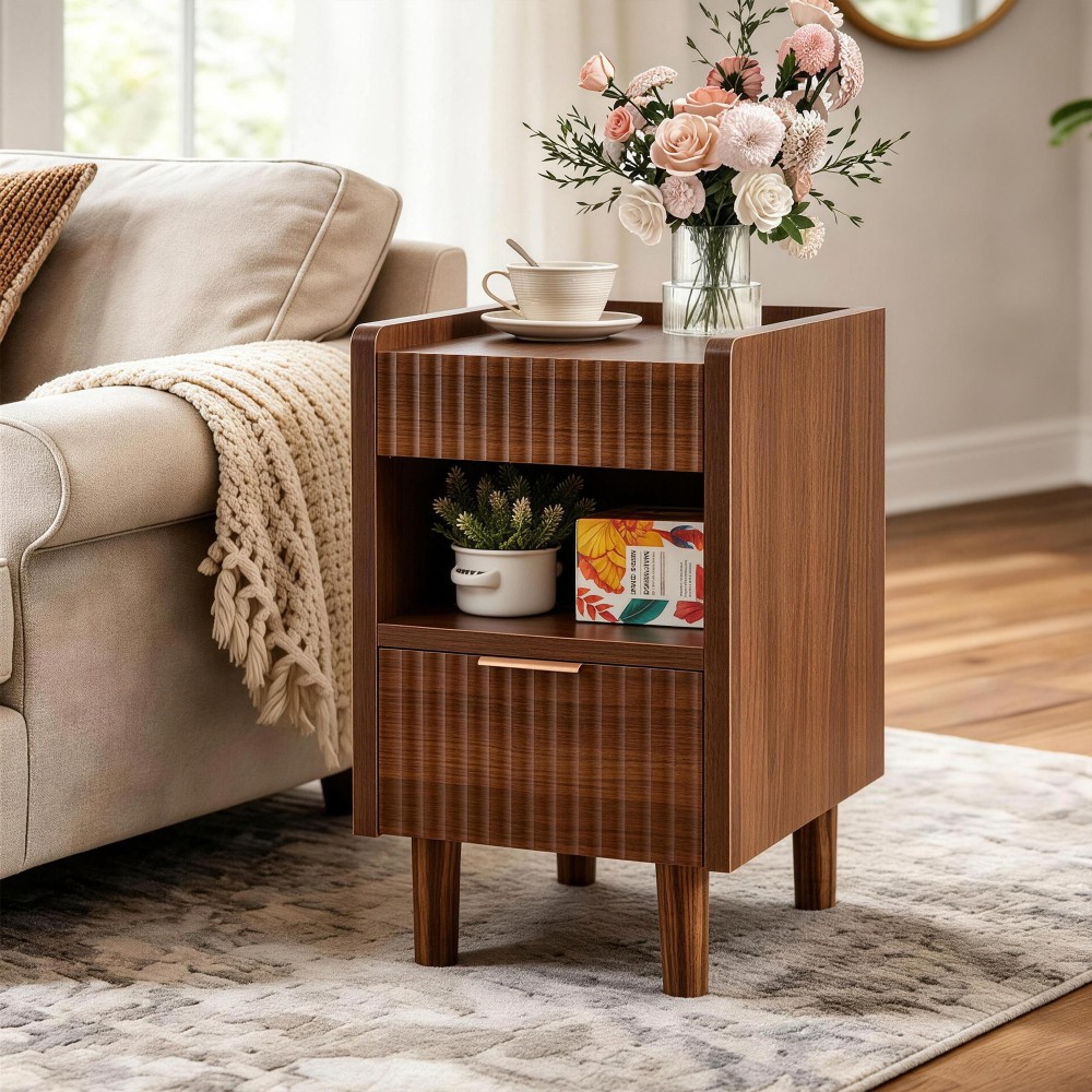 Walnut Brown Fluted Wood Nightstand, Modern Bedroom Bedside Side End Table gallery