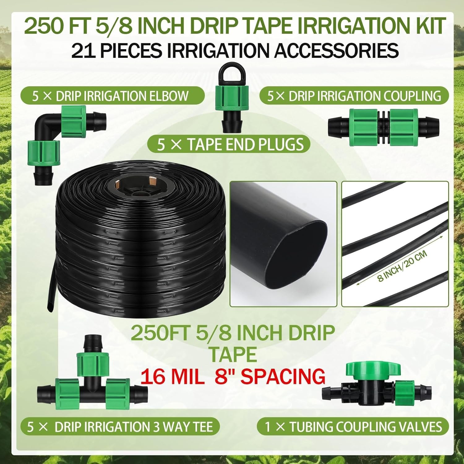 250 ft 5/8 Inch Drip Tape Irrigation Kit Drip Tape 16 Mil 8" Spacing Hose Garden gallery