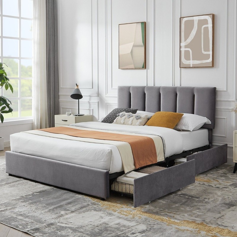 Upholstered Bed Frame with 4 Storage Drawer Queen Full Size Platform Headboard gallery