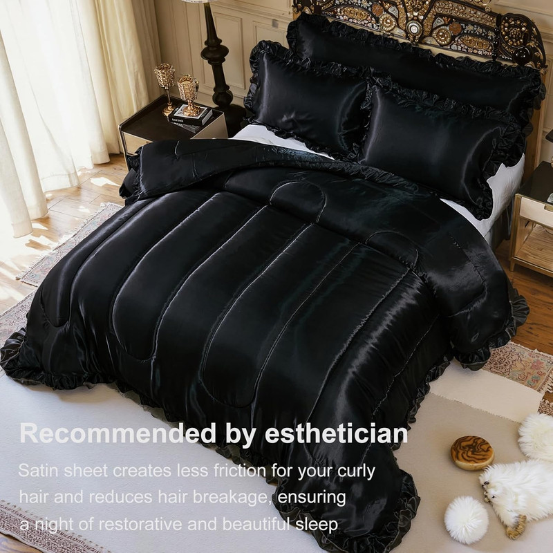 Satin Queen Comforter Set Silk like Satin Bedding Set Hotel Soft Polyester Black gallery