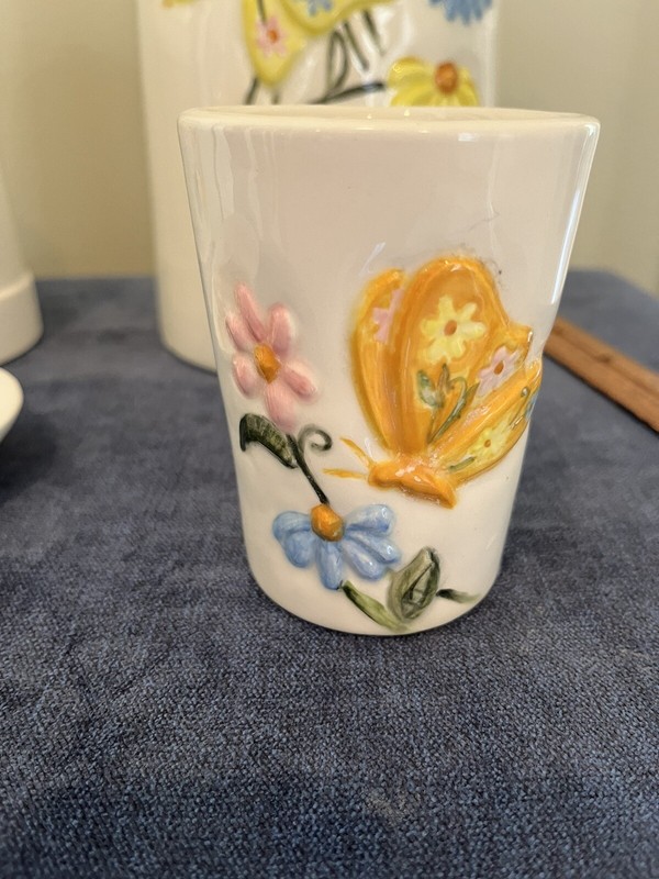 Unique Vintage Handpainted Ceramic Bathroom Set 4 Pieces Butterfly Flowers 1975 gallery