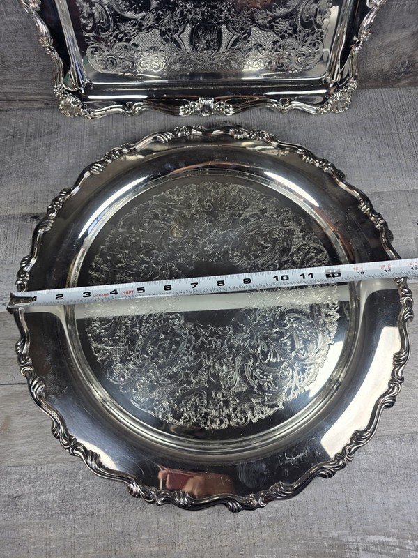 Vtg Oneida Wilton Silverplate Serving Tray Set Round & Rectangular Ornate bin4 gallery