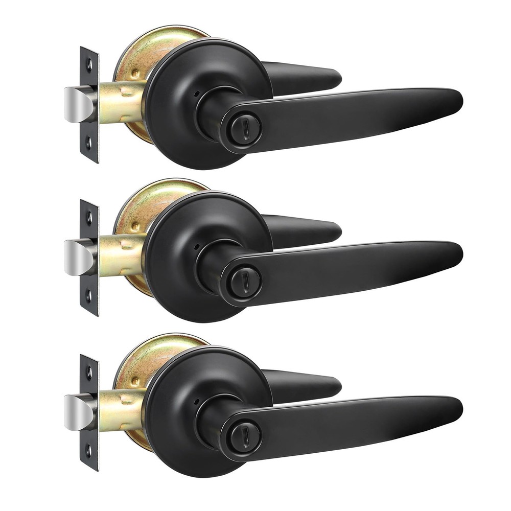 Privacy Door Levers, 3 Pack Matte Black Door Handles, Bed and Bath Door Locksets