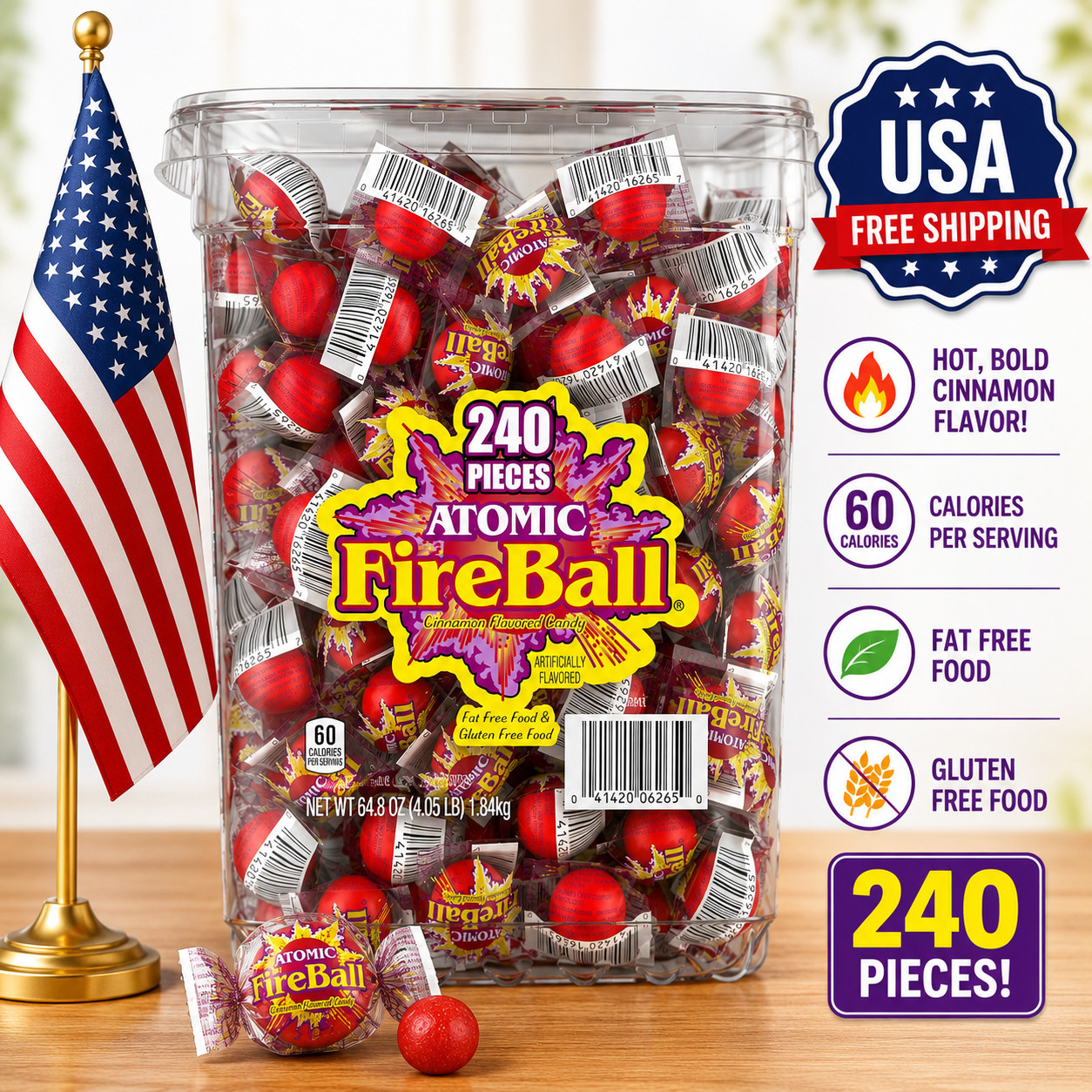 Wonka Atomic Fireball, Candy, Cinnamon Flavor, Individually Wrapped, 64.8oz (240 gallery