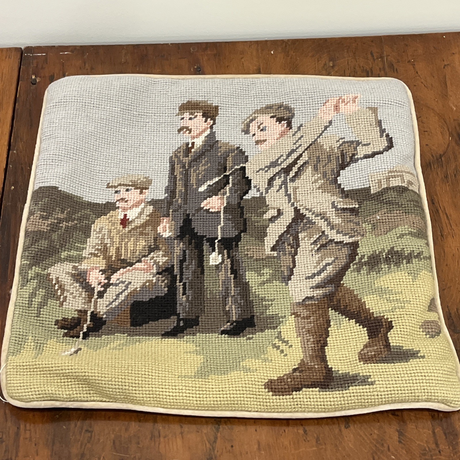 Golfers Needlepoint Pillow-Wool-14 Inches- Velver-Feel Backing With Zipper gallery