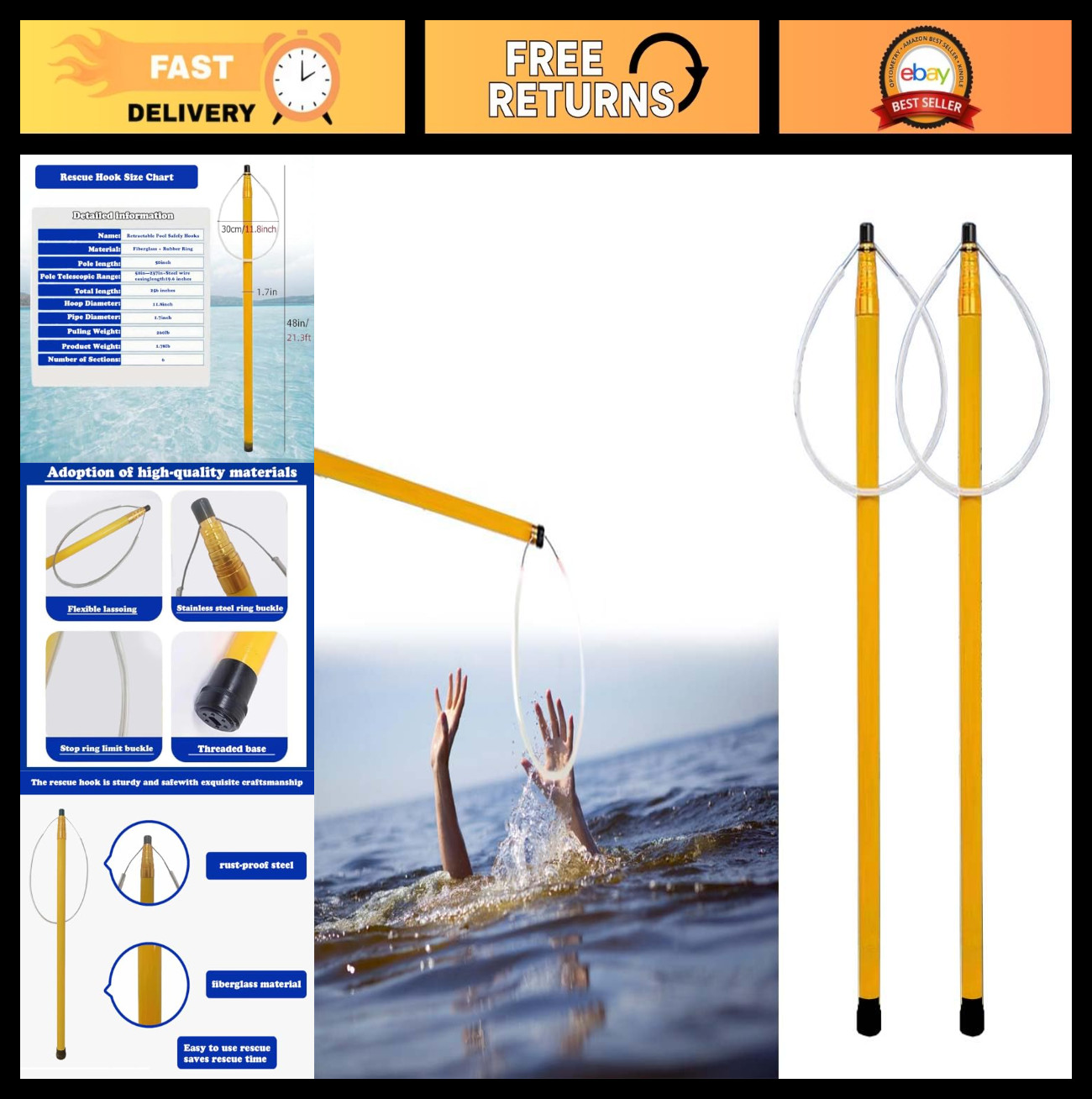 Adjustable 15ft-30ft Telescopic Pool Rescue Hook & Heavy Duty Fiberglass Pole - gallery
