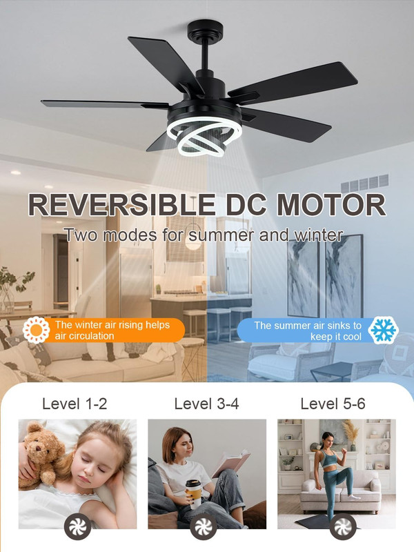 52" Modern Black Ceiling Fan with Light & Remote for Home & Office gallery