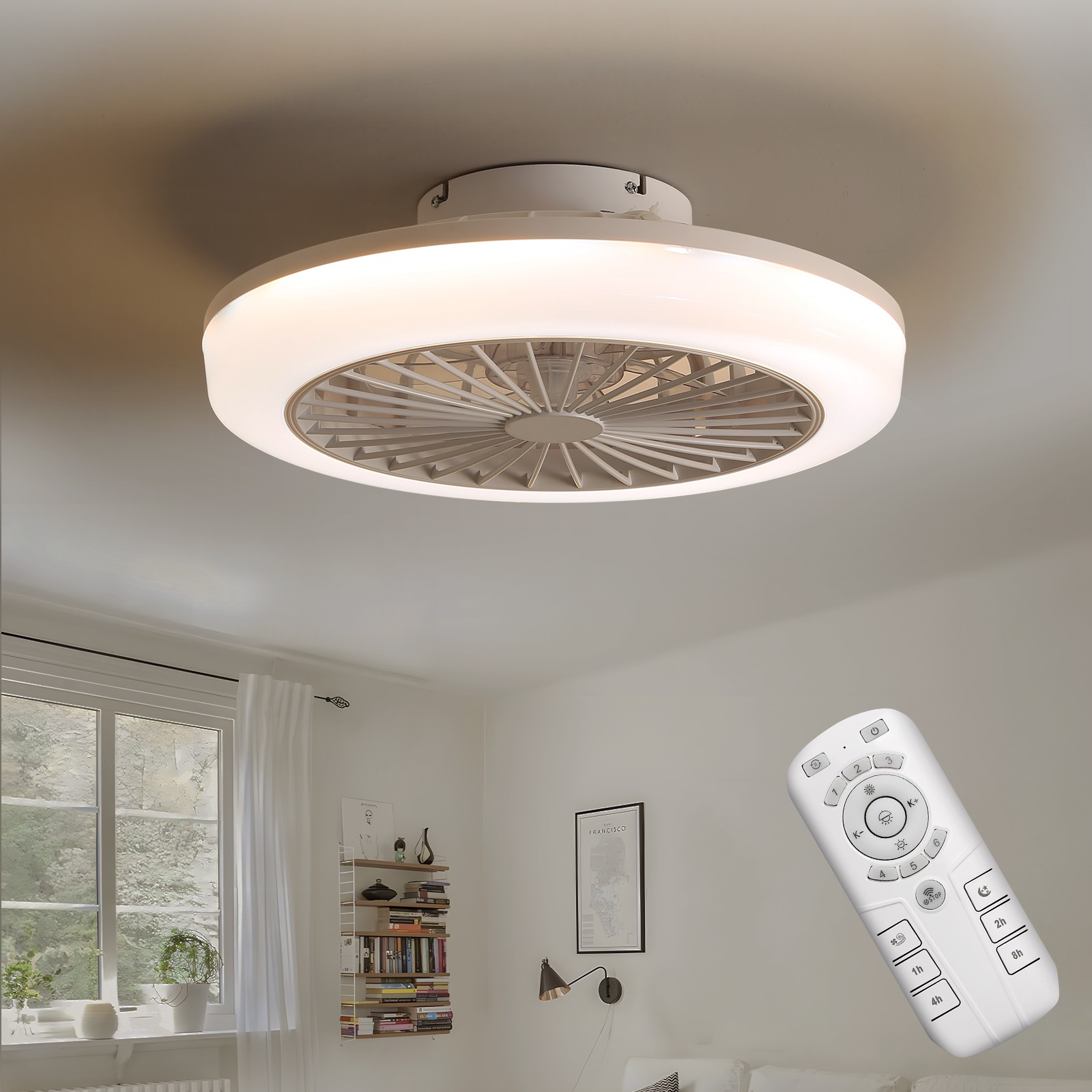 Modern Low Profile Enclosed Led Ceiling Fan 3 Colors Dimmable 6 Speeds Timing gallery
