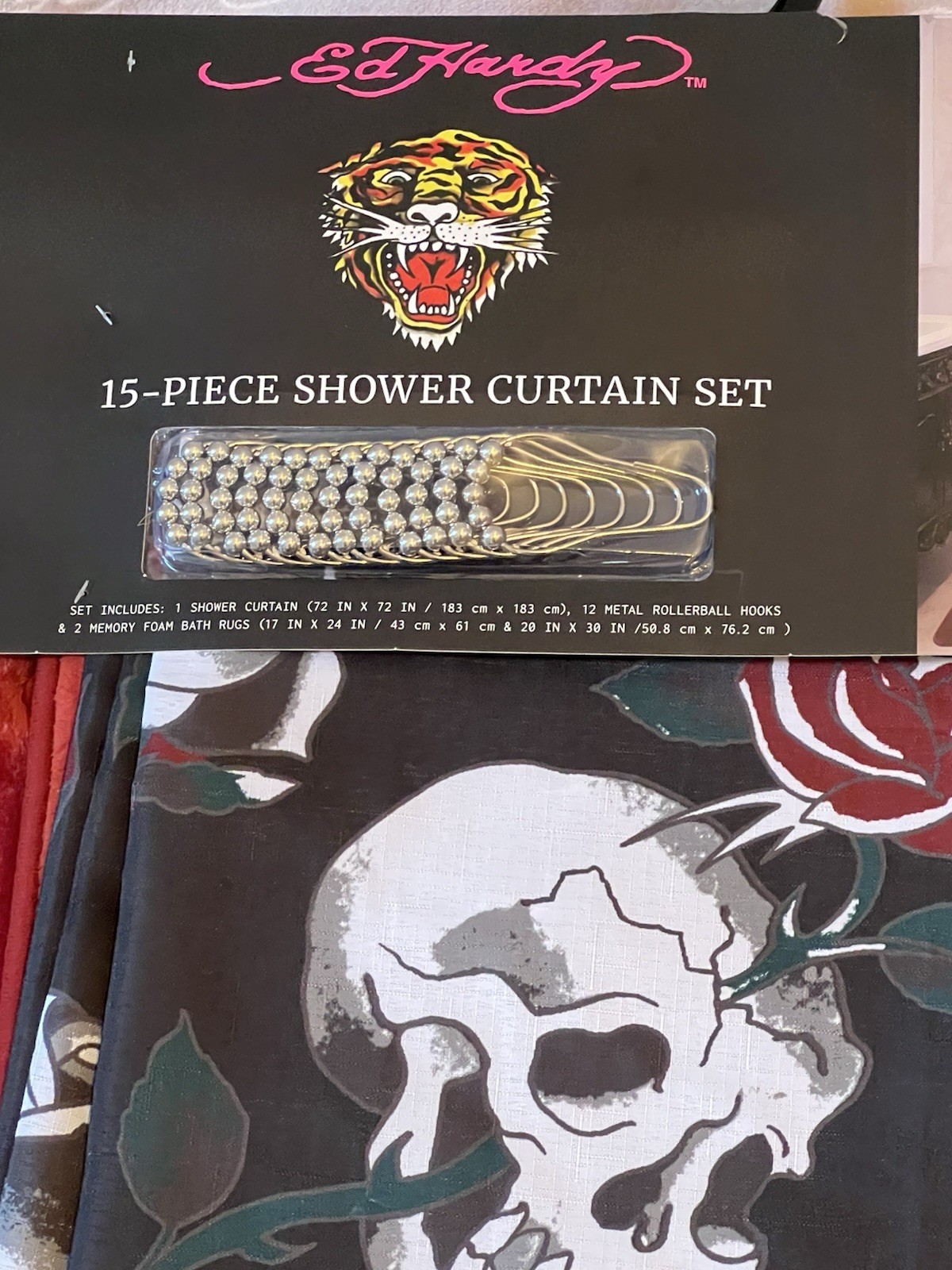 Ed Hardy 15pc Shower Curtain Set With Rugs Red&black Skull Roses Embossed New gallery