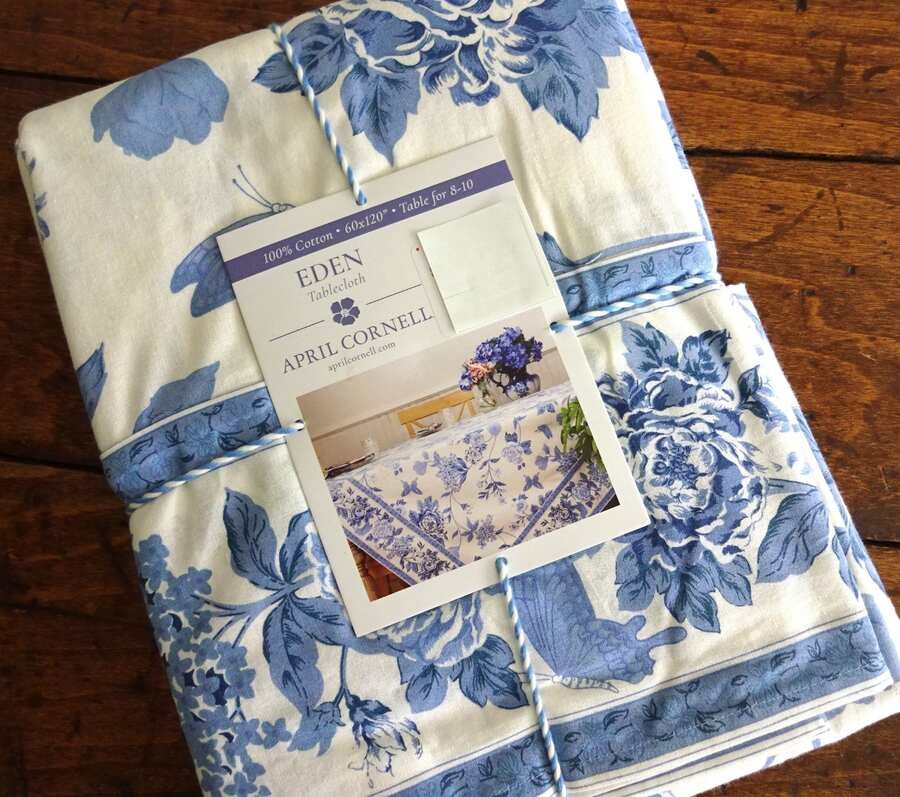 APRIL CORNELL Eden BLUE WHITE FLORAL GARDEN Cotton TABLECLOTH 60X120 gallery