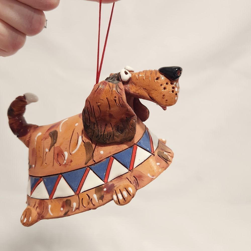 Handmade Studio Pottery Dachshund Dog Bell Ornament Whimsical Folk Art Brown gallery