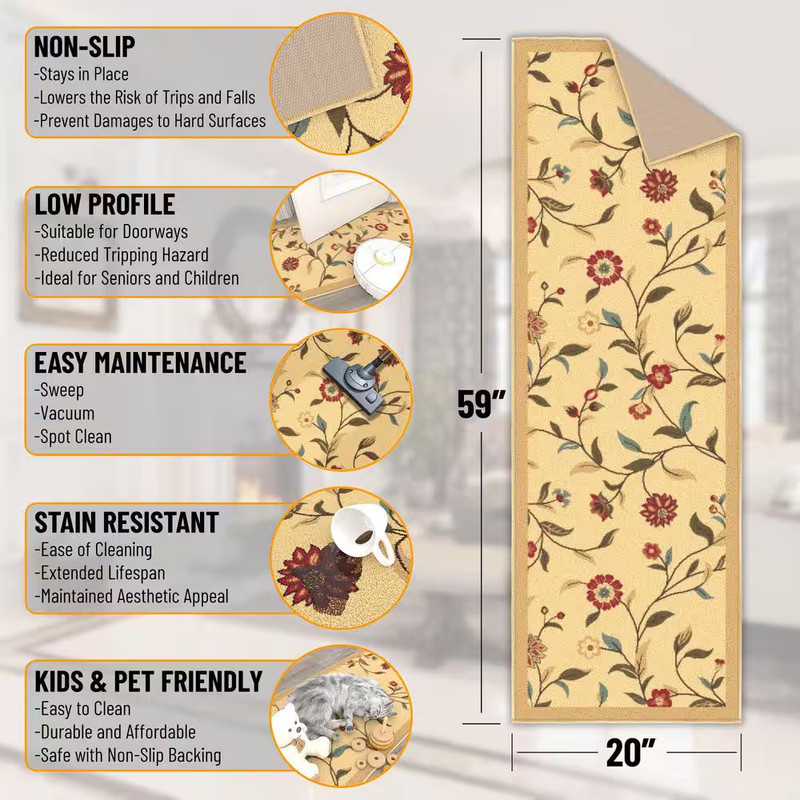 Ottohome Collection Non-Slip Rubberback Floral Leaves 2X5 Indoor Runner Rug, 1 F gallery