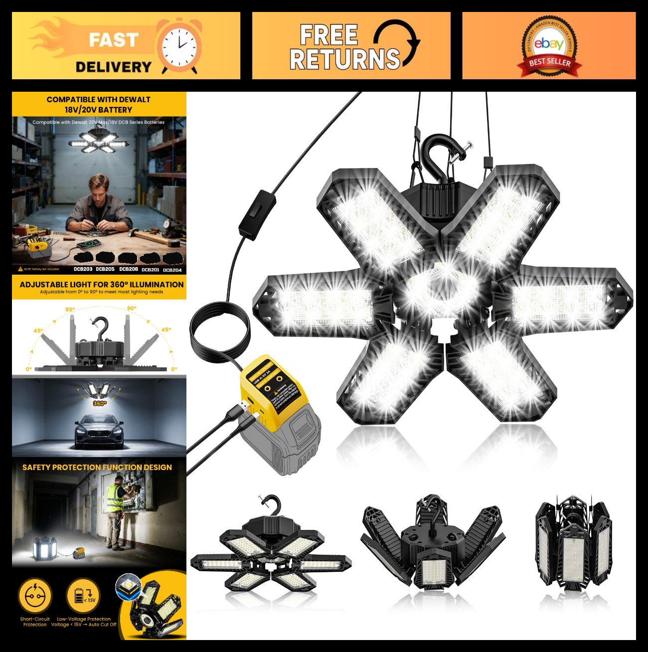 68W LED Work Light - 6800LM Deformable Ceiling Flood Light, USB & Type-C, Garage gallery