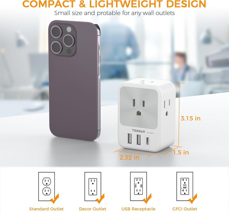 Surge Protector Wall Outlet Extender with 4AC/3 USB Plug Charger for Home Office gallery