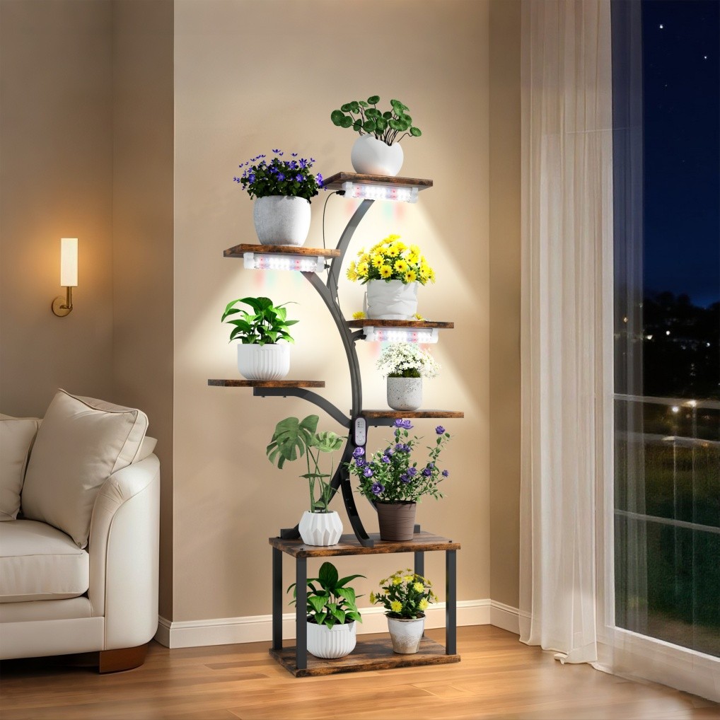 Tall Plant Stand Flowers Display Rack with Dimmable Plant Grow Lights Home Decor gallery