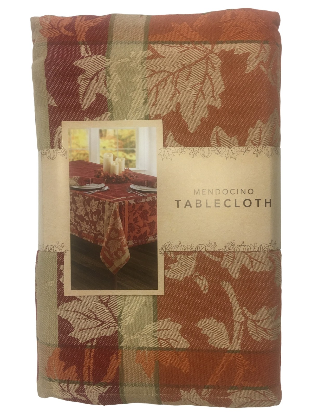 Mendocino Rust Copper Windowpane Plaid Leaf Fabric Tablecloth, 70" Round gallery