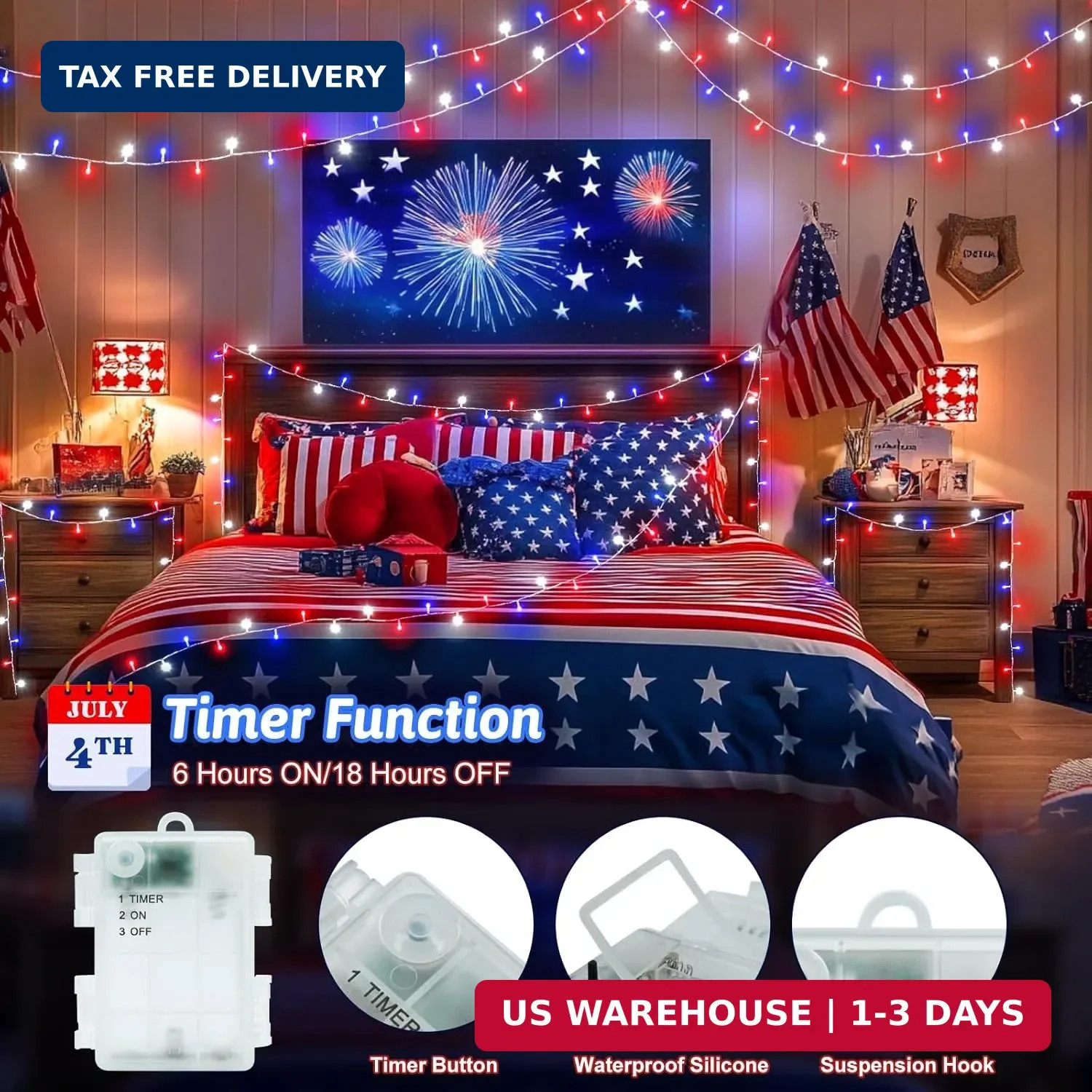 Red White and Blue Lights String for 4th of July Decorations Outdoor Total 100 L gallery