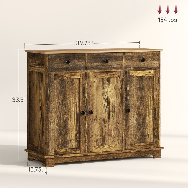 40" Rustic Sideboard Buffet Cabinet Sliding Doors 3 Drawers Brown Living Room gallery
